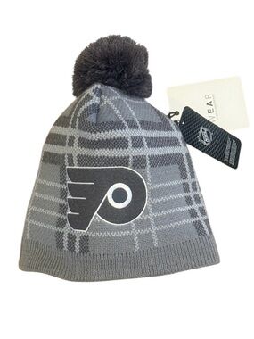 Philadelphia Flyers NHL Gray Plaid Pom Beanie with Flyers Logo
